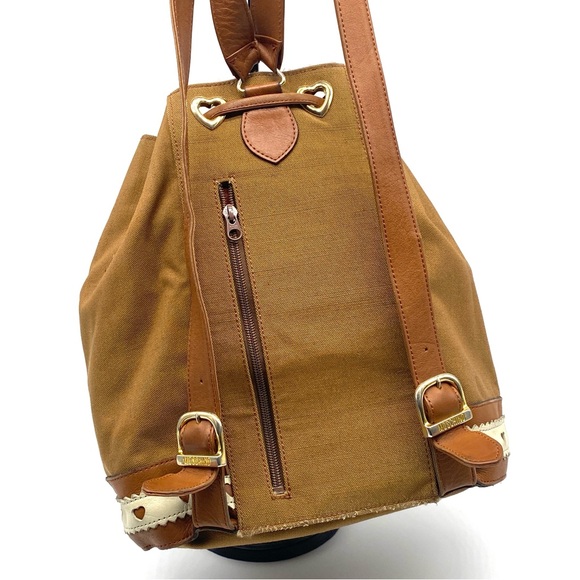 MOSCHINO TAN CANVAS LEATHER TASSEL GOLD HEART DRAWSTRING VINTAGE BACKPACK LARGE - Picture 10 of 10